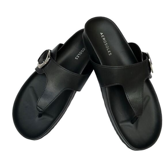 NWOT Aerosoles Flipflop Sandals Women's Size 7 Black Faux Leather Molded Footbed - Picture 7 of 9